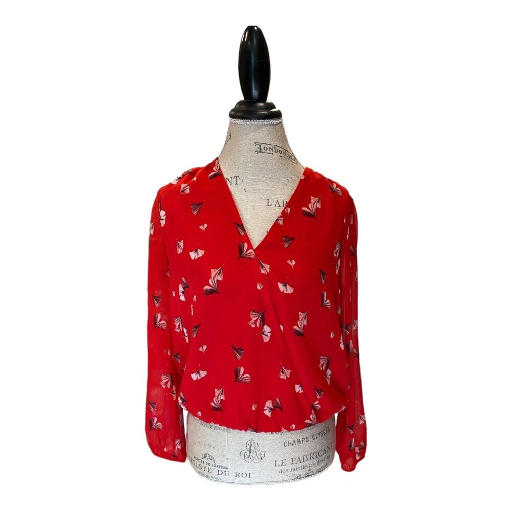 Banana Republic Floral V-neck Faux Wrap Long Sleeve Top Red Women's Size XS